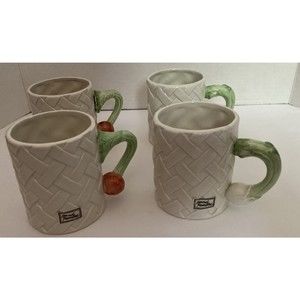 Set of 4 Vintage Fitz & Floyd Basket Weave Mugs Vegetable Handles Hand Painted